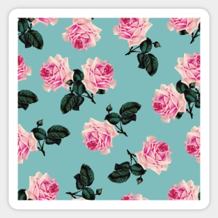 Scattered pink vintage roses on teal blue Sticker